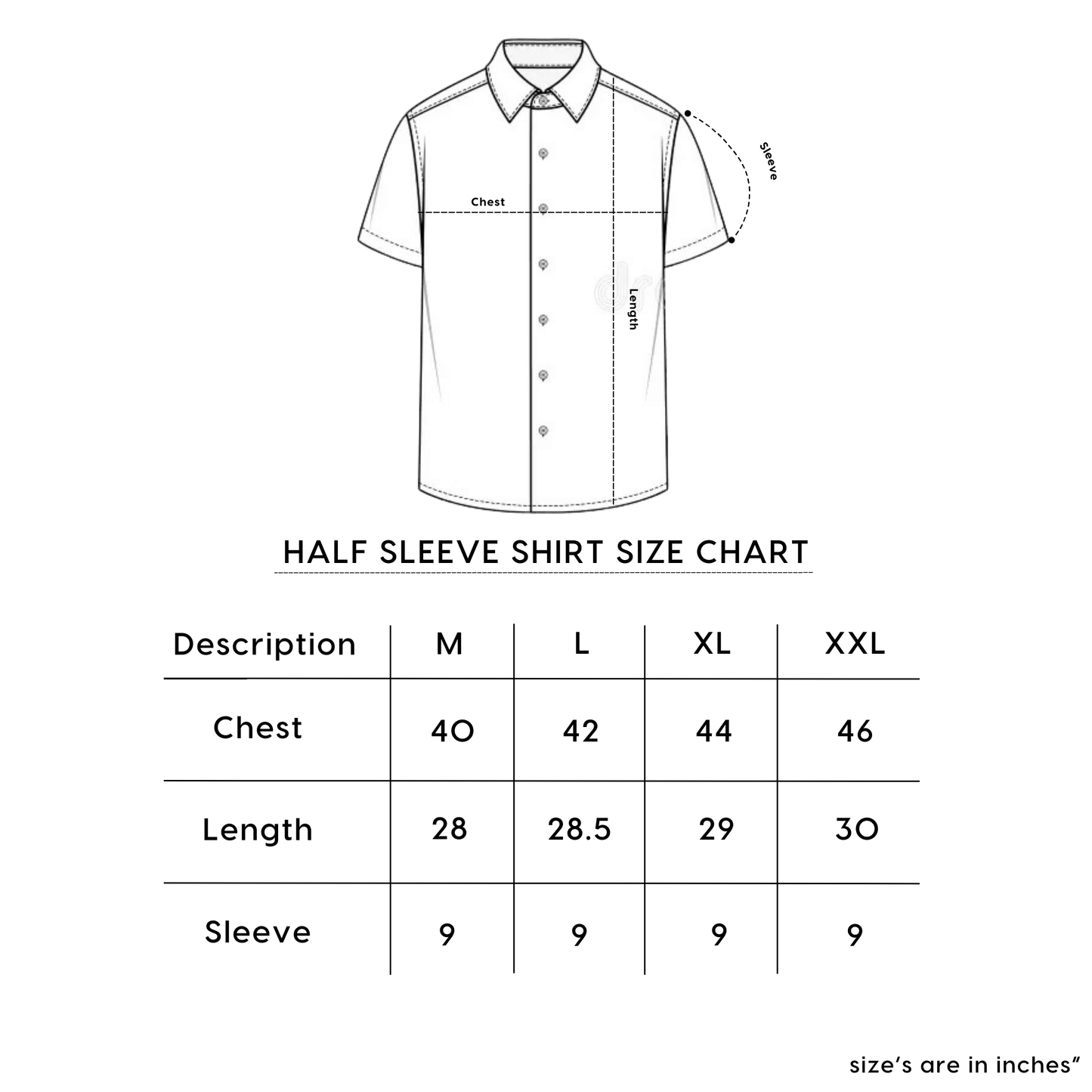 Half sleeve shirt size chart showing measurements for chest, length, and sleeve in M, L, XL, and XXL sizes.