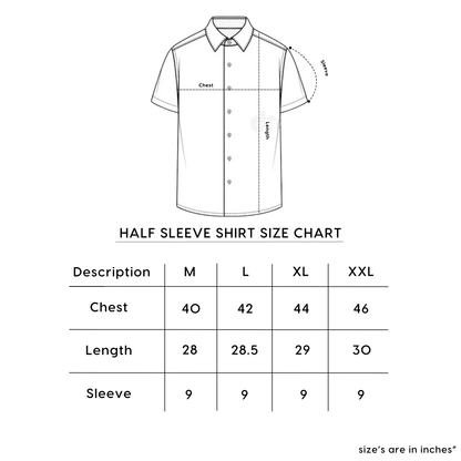 Half sleeve shirt size chart showing measurements for chest, length, and sleeve in M, L, XL, and XXL sizes.