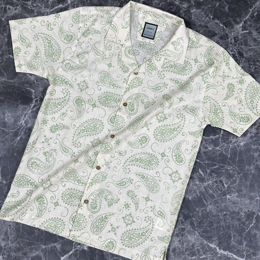 Ivory Sand half sleeve Cuban collar shirt with green paisley pattern, 100% cotton, relaxed fit, perfect for refined fashion style and all-day comfort