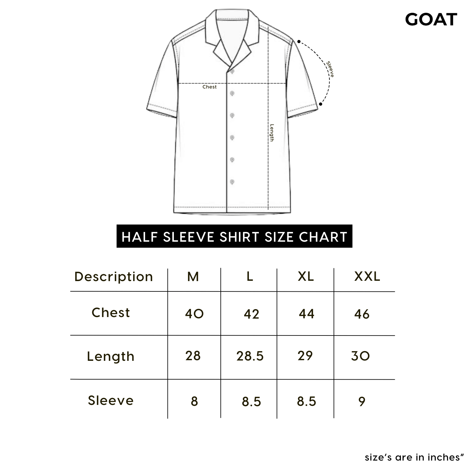 Size chart for half sleeve Cuban shirt by GOAT, displaying measurements for sizes M, L, XL, and XXL in chest, length, and sleeve.