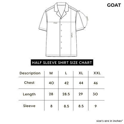 Size chart for half sleeve Cuban shirt by GOAT, displaying measurements for sizes M, L, XL, and XXL in chest, length, and sleeve.